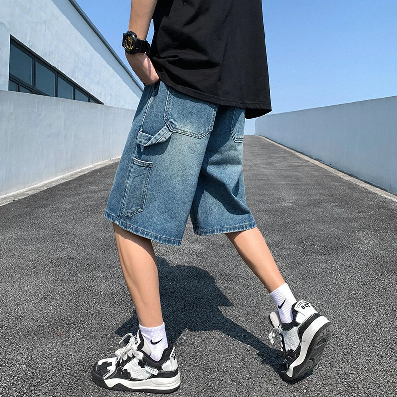 sanyamk Korean Style Summer Men's Blue Baggy Denim Shorts New Street Apparel Workwear Large Pocket Wide Leg Denim Shorts Blue