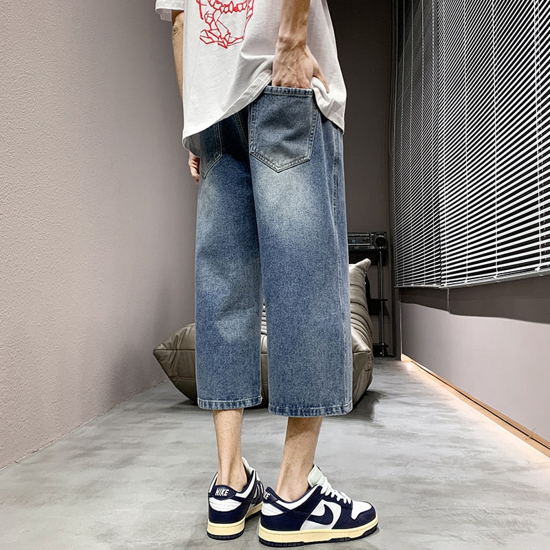 sanyamk 4 Colors Optional Summer Men's Straight Denim Shorts New Korean Fashion Casual Elastic Waist Baggy Short Jeans Male