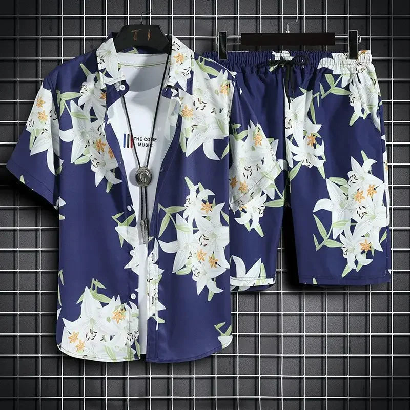 sanyamk Summer New Men Beach Clothes 2 Piece Set Quick Dry Hawaiian Shirt Shorts Set Men Fashion Clothing Printing Casual Male Outfits