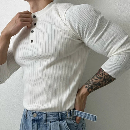 sanyamk  - Vintage Henley Collar Knitted T Shirt Mens Spring Fashion Pure Color Slim Long Sleeve T-shirts For Men Knitwear Casual Pullover