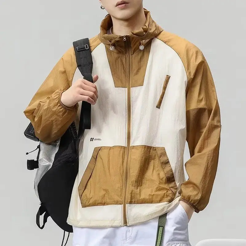 sanyamk Men Trendy Contrast Color Patchwork Hiking Sunscreen Zipper Hooded Jackets Youth Summer Casual Long Sleeve Loose Outdoor Coats