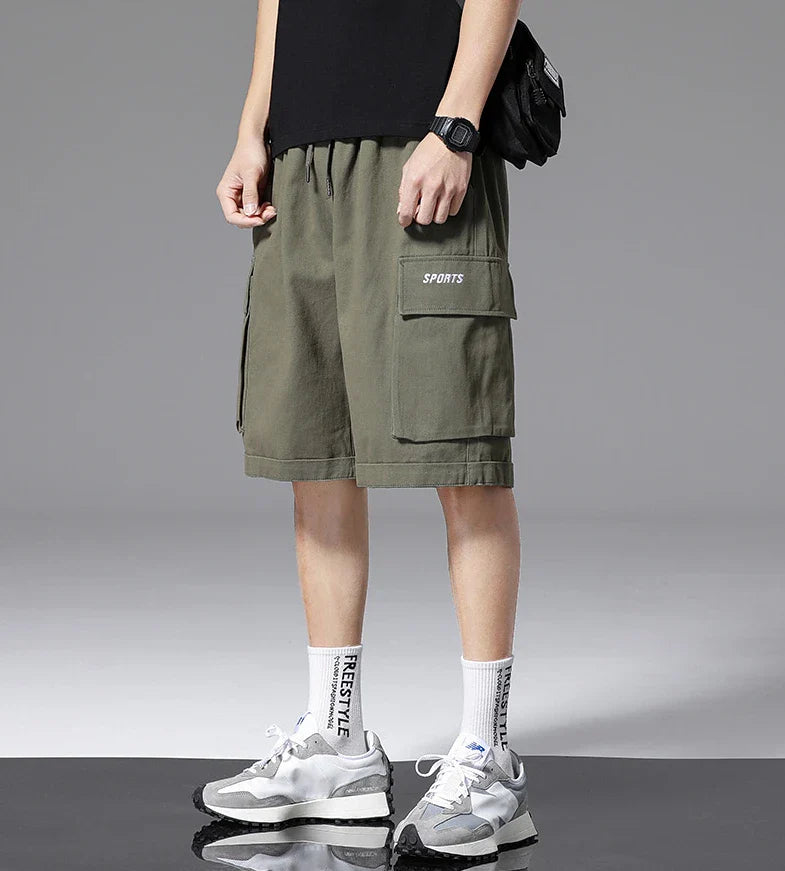 Bonsir Cargo Shorts Men High Street Solid Handsome Summer Knee-length Pockets All-match Drawstring American Style Male Oversize Daily