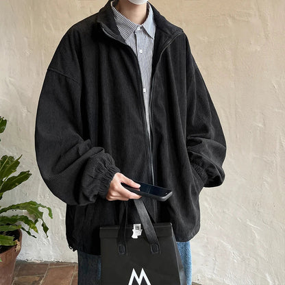 sanyamk Autumn Vintage Corduroy Jackets Men Japan Style Casual Loose Outerwear Solid High Collar Zipper Coat Fashion Oversize Clothing