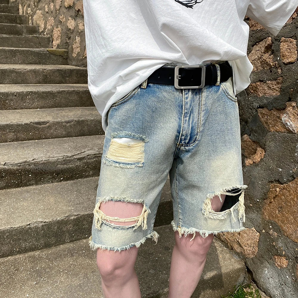 sanyamk Summer Hole Shorts Jeans Men Ripped Denim Pants Fashion Black/Blue Men's Jeans Short Pants Streetwear Straight Jeans Men