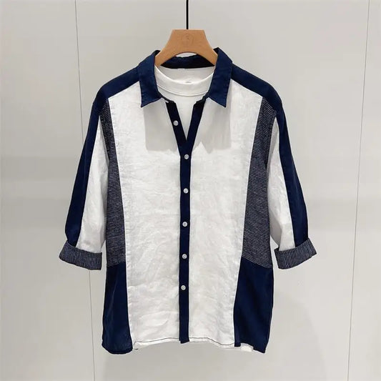 sanyamk 2024 New Summer Korean Fashion Trend Versatile Loose Casual Lapel Contrasting Cotton and Linen Medium Sleeved Shirt for Men