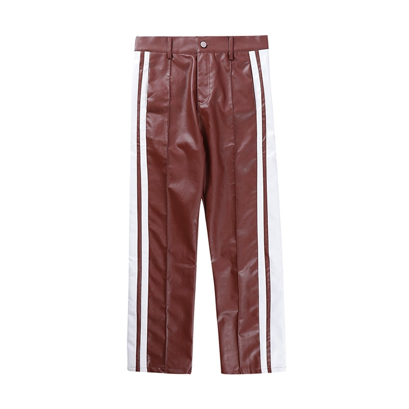 Bonsir Side Striped Straight Pu Leather Pants for Men High Street Breathable Harajuku Loose Track Pants Oversized Casual Trousers