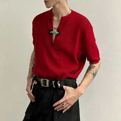 Bonsir Mens Leather Button Knitted Short Sleeve Shirt 2024 New Genderless Casual Streetwear Thin Breathable Solid Individuality Top