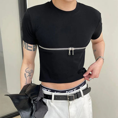 sanyamk Fashion Crop Tops Men T Shirt Zipper Solid O-neck Short Sleeve T Shirt Summer Y2k Streetwear Unisex Short Tees Casual Camisetas