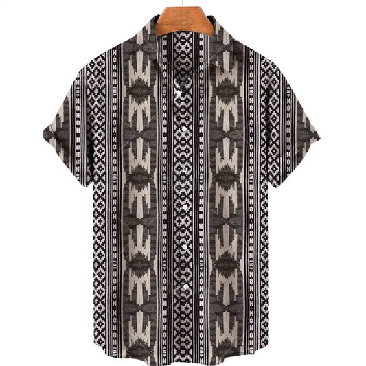 sanyamk New Men's Ethnic Style Printed Short-sleeved Hawaiian Shirt Roll Sleeve Beach Lapel Breathable Loose Top High Street Spring Wear