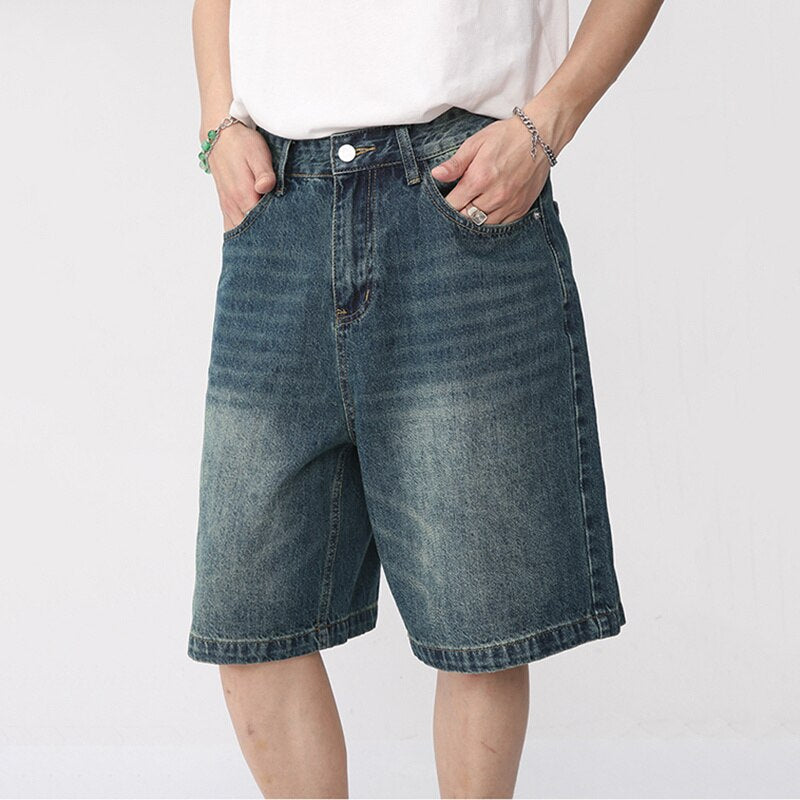 sanyamk Summer Denim Shorts Men's Loose Korean Style Retro Short Jeans Fashion Washed Casual Knee Length Pant New Streetwear