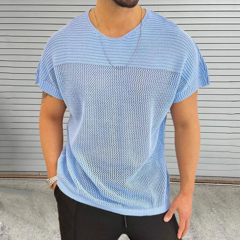 sanyamk  - Knitting Hollow Out Breathable Thin T Shirt Mens Summer Fashion Pure Color Knitted T-shirts Men Casual O Neck Short Sleeve Tops