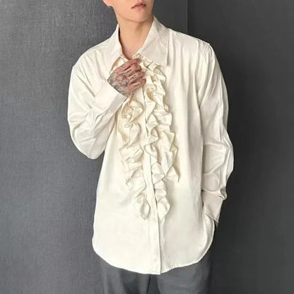 sanyamk Mens Palace Style Ruffled Long-Sleeved Shirt 2024 New Genderless Medieval Pleated Loose Retro Solid Color Stage Clothing Unisex