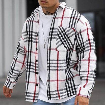 Bonsir Fall Mens Fashion Plaid Printed Shirt Jackets Long Sleeve Turndown Collar Buttoned Outerwear Men Casual Loose Coats Streetwear