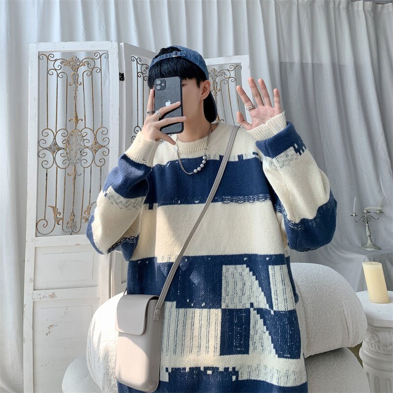 Bonsir Autumn Winter Crew Neck Sweater Men Warm Fashion Casual Knitted Pullover Men Korean Loose Long-sleeved Sweater Mens Jumper M-5XL