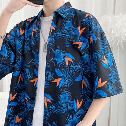 Bonsir Panelled Shirts Men Baggy Summer Printing Korean Style Hipster Half Sleeve All-match Daily Leisure High Street Slouchy Vitality