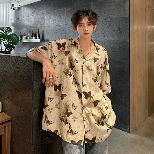 Bonsir Summer Butterfly Printed Tie-dye Shirt Men Windsor Collar Loose Casual Short Sleeve Shirts Oversize Streetwear Boy Girl Blouses