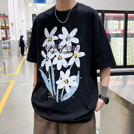 Bonsir Letter Flowers Print Summer Men Clothing Fashion Casual Harajuku Short Sleeve Tshirt XL 2XL Oversized Teenagers Streetwear