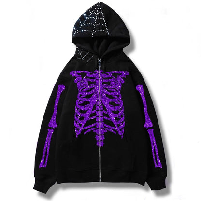 sanyamk Mens Black Streetwear Skull Hoodies Y2K Vintage Cardigan Skeleton Hoodie Men Oversized Zip Up Hooded Sweatshirt Tokyo Revengers