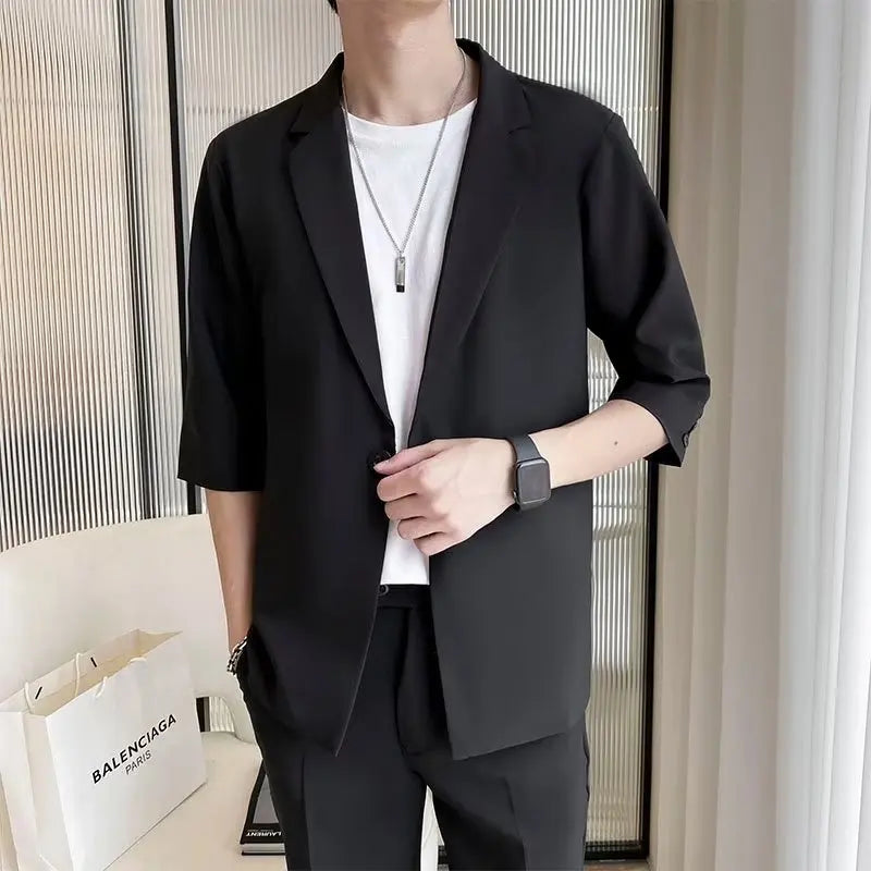 sanyamk Summer Short Sleeved Blazer Men Fashion Social Mens Dress Jacket Korean Loose Casual Suit Jacket Mens Office Formal Blazer M-3XL