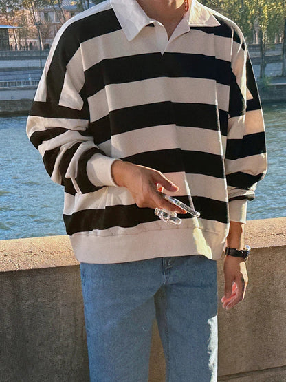 sanyamk  -    Men's Japanese Style Striped Lapel Sweatshirt Casual Male Personality Men Clothing Spring 2024 Pullovers Sweatshirts