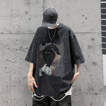 sanyamk Heart Printed Summer Vintage T-shirt for Men New Graphic Letter T Shirts Streetwear Harajuku Oversized 5XL