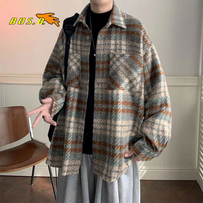 Bonsir New Fashion Men Plaid Shirt Casual Loose Woolen Jacket Coat Long Sleeve Streetwear Hip Hop Trend Handsome Youth Lapel Y06