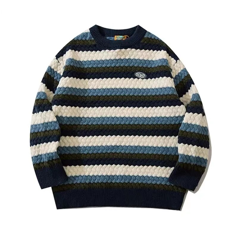 sanyamk Rainbow Twist Striped Sweater Men Women Teen Vintage Autumn Winter New Round Neck Couple Knit Sweater Trend