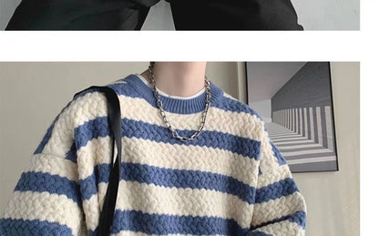 sanyamk Winter Men's Stripe Printing Coats Round Neck Wool Sweater Retro Loose Pullover Fashion Trend Thickened Knitting M-2XL