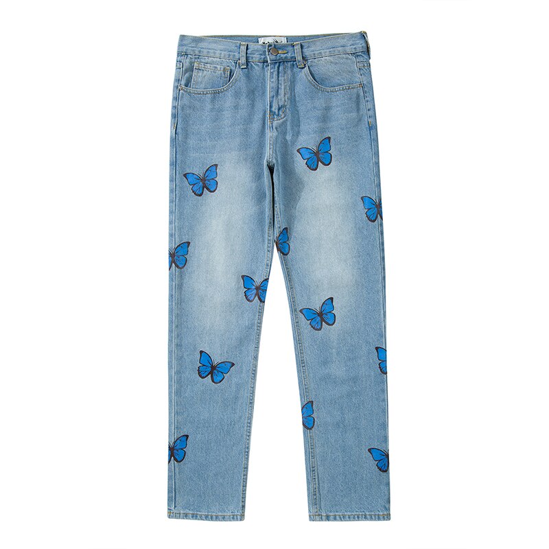 sanyamk Harajuku Butterfly Print Washed Blue Jenas Pants for Mens Retro Straight Vibe Style Ripped Casual Denim Trousers Oversized