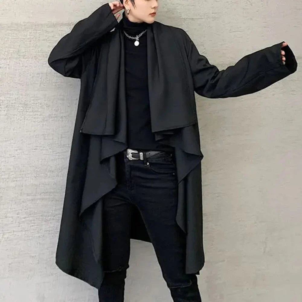 sanyamk Men Coats Long Sleeve Scarf Collar Trench Ponchos Cotton Outwear Solid Cloak Vintage Irregular Jackets Men Streetwear