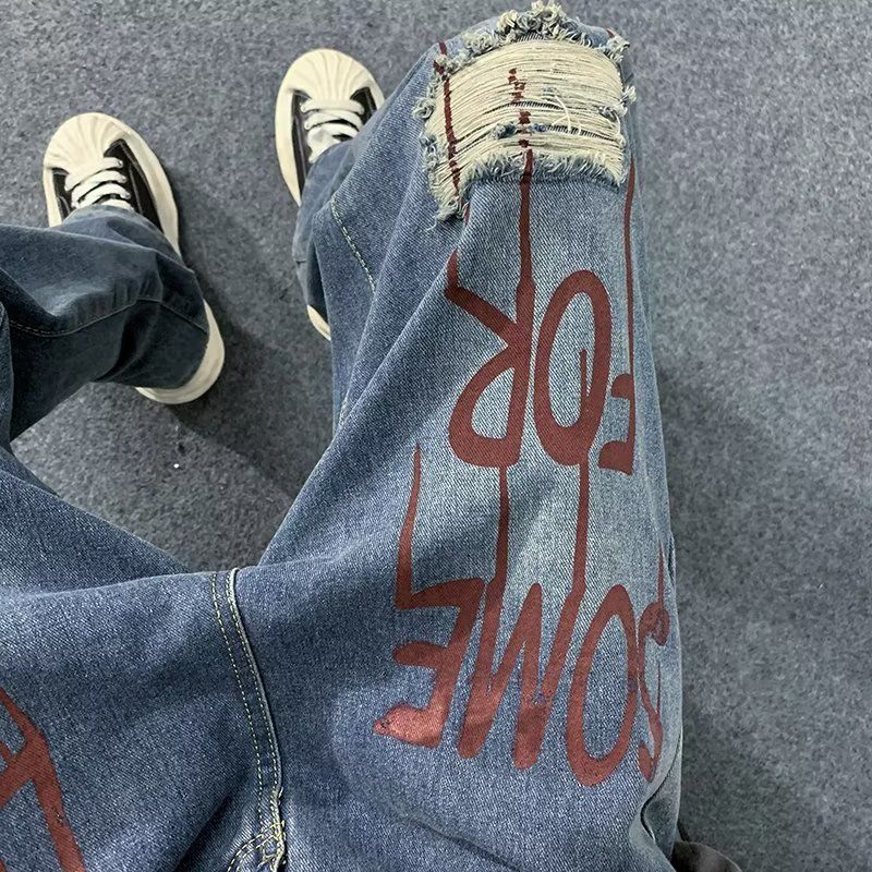 sanyamk y2k clothes High Street Hip Hop Washed Distressed Letter Printed Jeans Men Fashion Brand Straight Leg WideLeg Loose Couple Pants