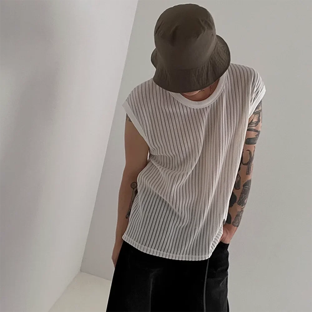 sanyamk  Out Solid Knitted Shirt Men's Sexy Tank Top Summer Loose Knit Vest Korean O Neck Sleeveless Tees See Through Undershirts