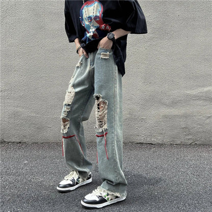 Bonsir Street high Street pants ins trendy embroidered worn-out hole denim jeans men men's beggar floor mop pants streetwear New