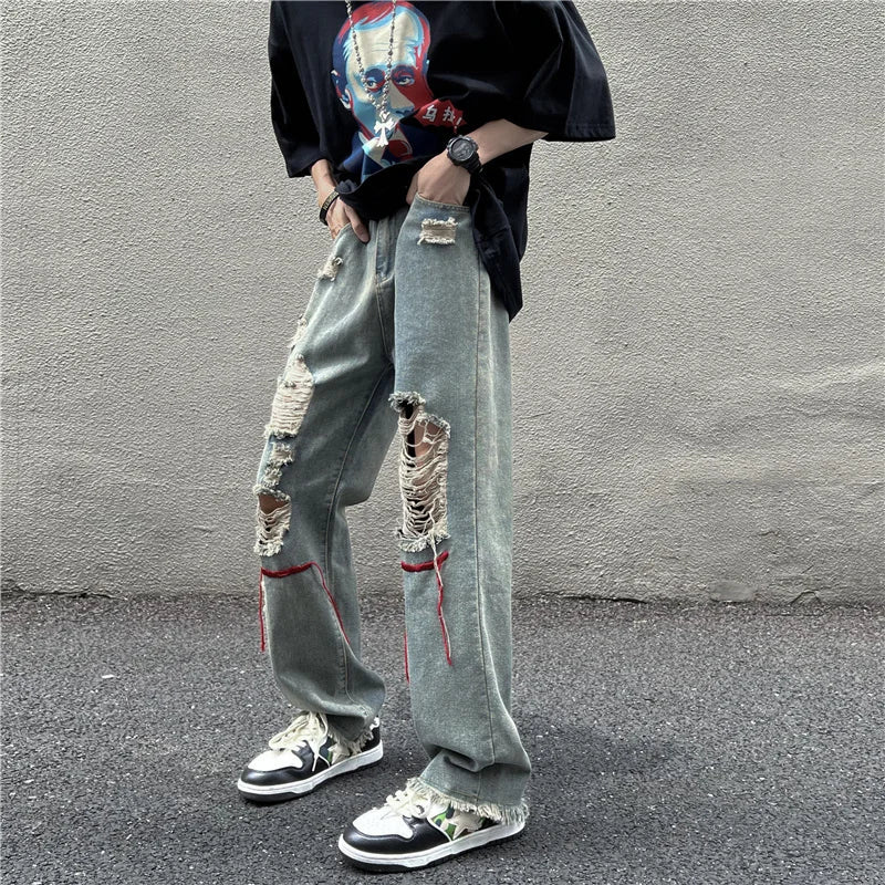 sanyamk Street high Street pants ins trendy embroidered worn-out hole denim jeans men men's beggar floor mop pants streetwear New