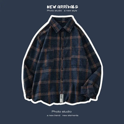 sanyamk New Men's Clothing Shirt Long Sleeve Square Collar Spring Autumn Loose Fashion Casual Plaid All-match Button Tops