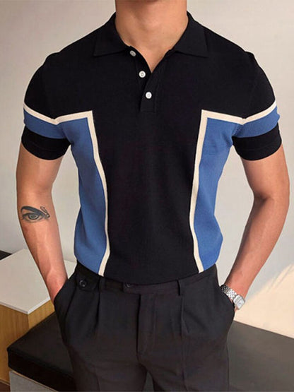 sanyamk Fashion Patchwork Men Polo Shirts Knitted Short Sleeve Slim Tops Pullover Spring Summer Men's Casual Turndown Collar Polos