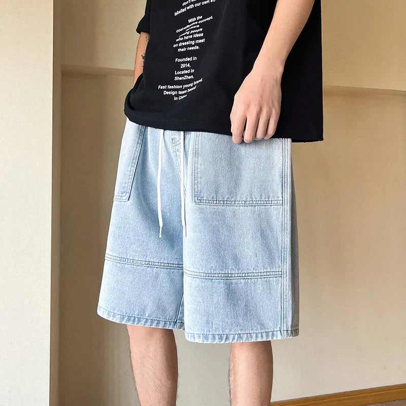 sanyamk Summer New High Street Casual Versatile Denim Capris Elastic Waist Men's Korean Style Loose Wide Leg Large Pocket Shorts