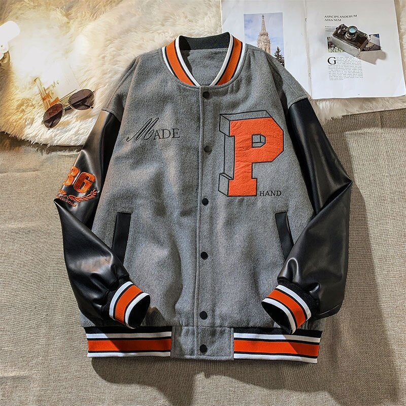 sanyamk Letter single-breasted jacket hip-hop retro fashion stitching embroidery loose casualbaseball uniform couple sale top