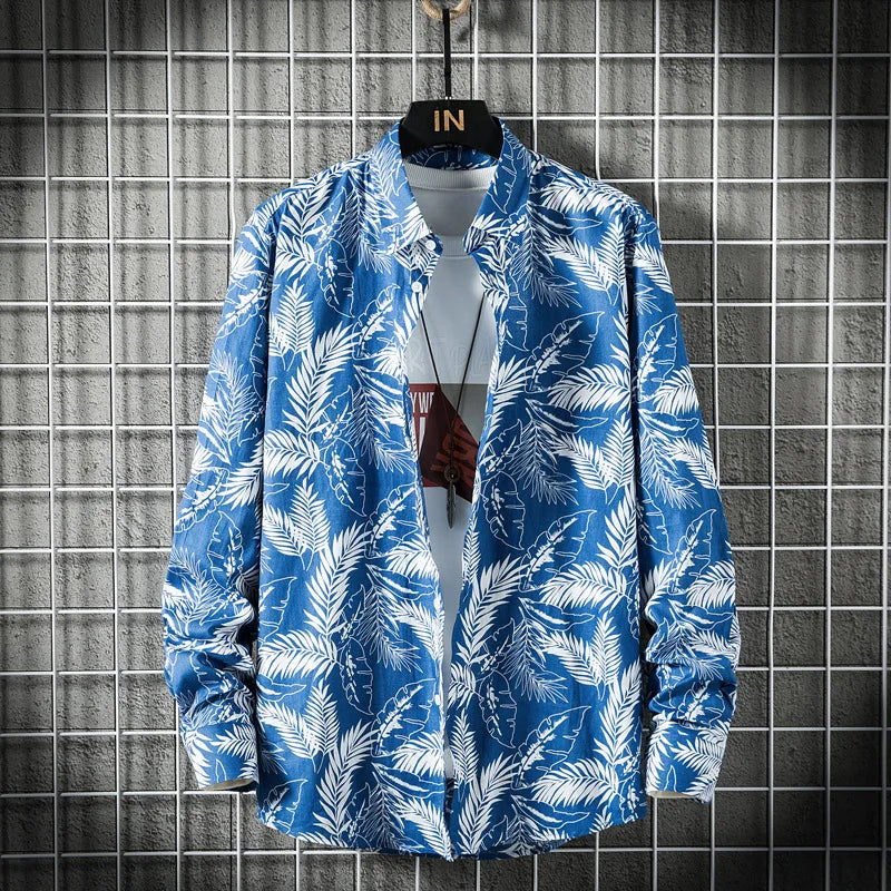 sanyamk Floral Print Long Sleeve Shirts Spring Summer Mens Casual Slim Cardigan Lapel Beach Shirt Fashion Versatile Top Streetwear Male