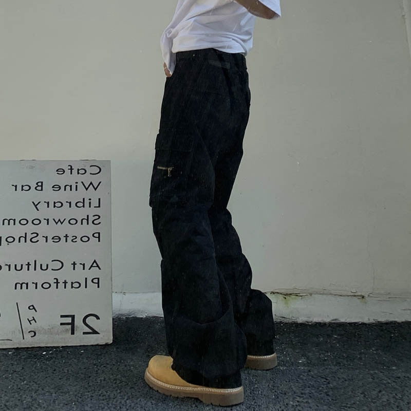 Bonsir Retro Multi-pockets Streetwear Wide Leg Casual Men's Cargo Pants Solid Color Straight Harajuku Hip Hop Loose Trousers Overalls