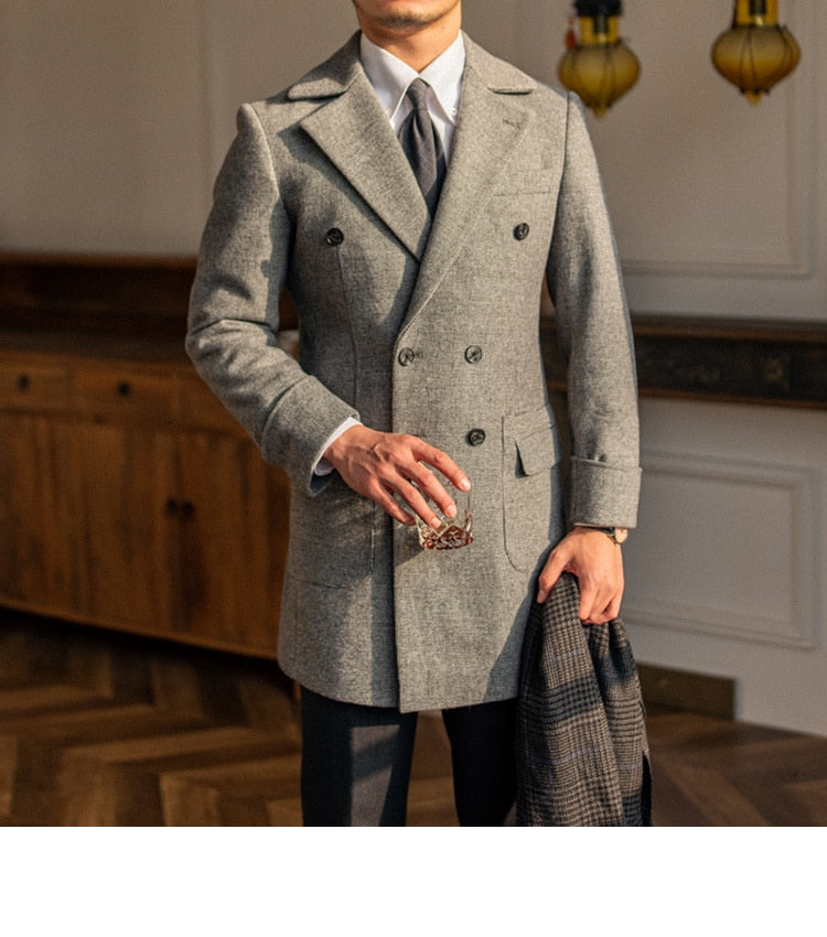 sanyamk High Quality Mens Woolen Coat British Retro Tweed Plaid Coat Men Long Warm Jacket Fall Winter Abrigo Largo Hombre Mantel Wolle