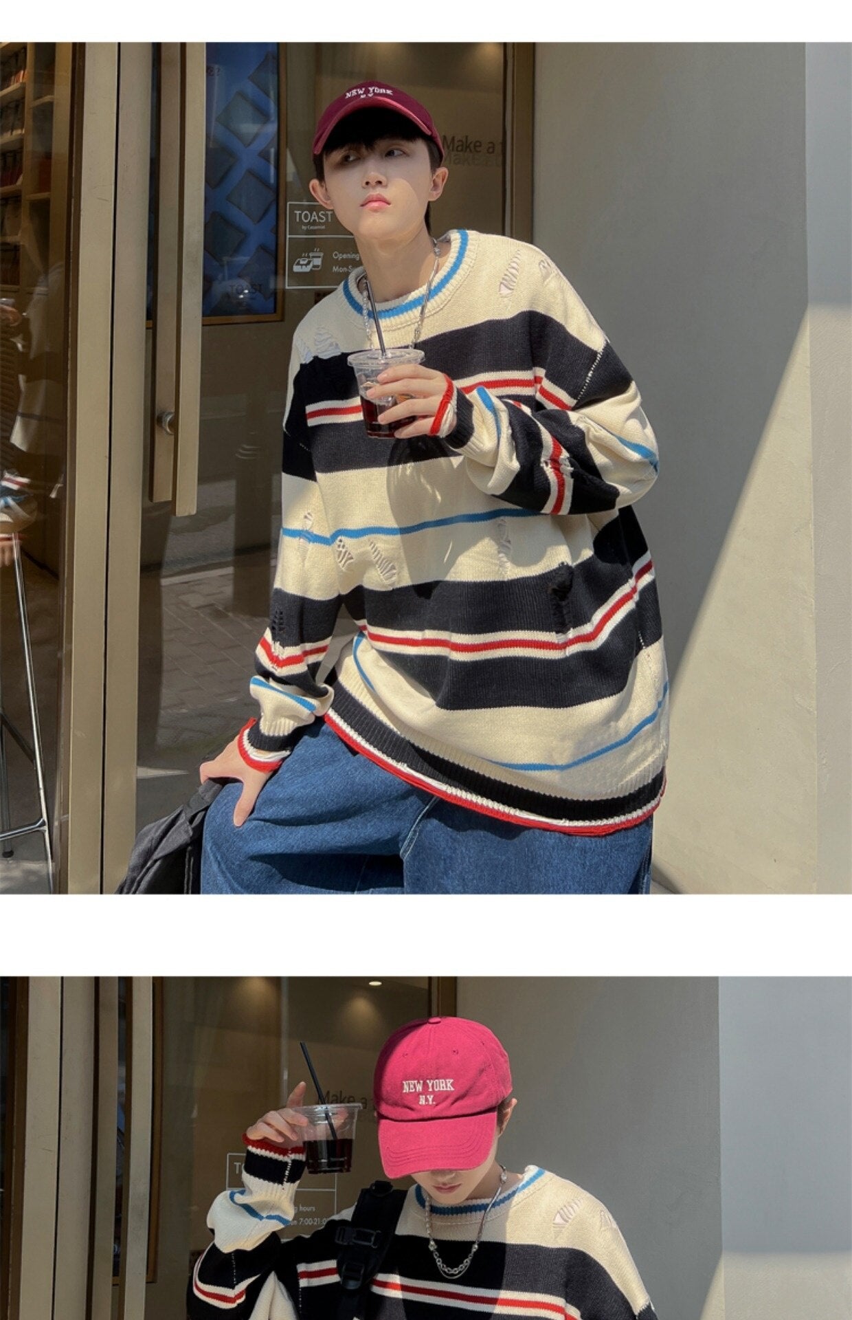 sanyamk Ruffian handsome striped tattered knitwear men's Korean version trend loose small crowd high street hip-hop couple round neck