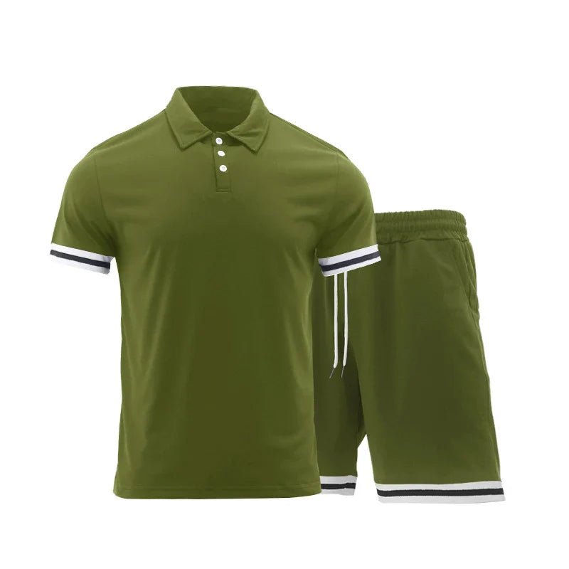 sanyamk  -  2024 Spring Summer Fashion Two Piece Suits Mens Short Sleeve Patchwork Polo Shirts And Shorts Sets For Men New Casual Outfits