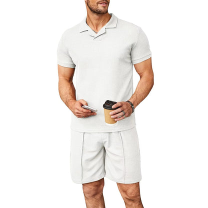 sanyamk Solid Color Ribbed Two Piece Sets Men Fashion Short Sleeve Lapel Polo Shirts And Shorts Suits For Men's Summer Clothing