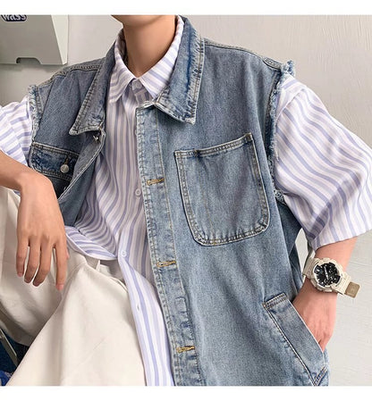 Bonsir Denim Sleeveless Jacket Men Fashion Oversized Harajuku Denim Jeans Casual Jeans Waistcoat Cowboy Hip Hop Streetwear Clothing