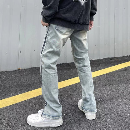 sanyamk Retro Ripped Side Long Zipper Hole Washed Jeans Pants for Male and Female Straight Hip Hop Baggy Denim Trousers Oversized