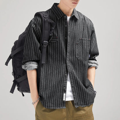 sanyamk Denim Jackets Men Striped Japanese Retro Style Long Sleeve Baggy Handsome Popular Pockets Advanced Casual Techwear Vitality