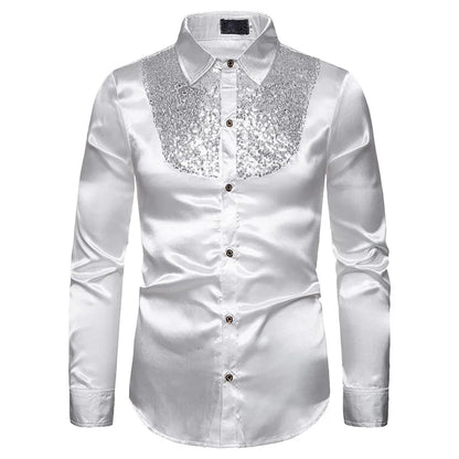 sanyamk Men's Shirt Sequin Lapel Solid Color Slim Fitting Business Casual For Wedding Banquet Performance Men Suit Long Sleeved Shirt