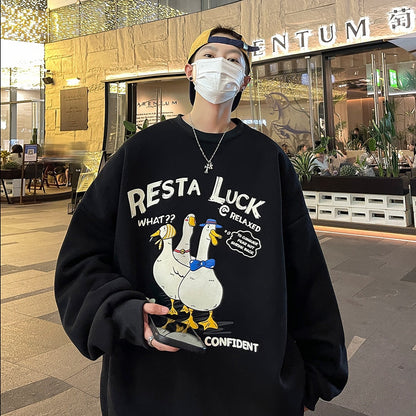 Bonsir Cartoon Duck Graphic Men's Sweatshirts Round Neck Loose Fashion Hoodies Unisex Jumpers Thicken Streetwear Pullovers