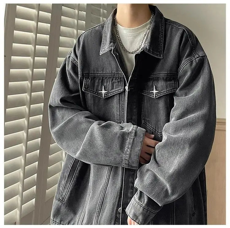 sanyamk Versatile Fashion Atutumn Winter Men's Solid Casual Loose Pockets Denim Jacket Retro Coat Cool Boys Patchwork Pockets